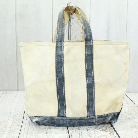 Vintage LL BEAN Boat & Tote Cream Canvas Blue Trim Tote Handbag - Picture 2 of 11
